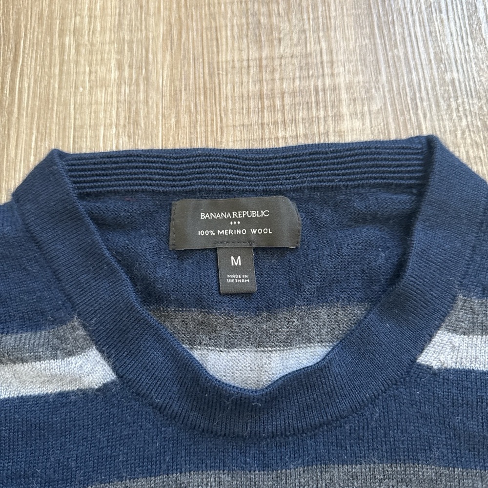 Banana Republic 100% Merino Wool Navy Grey Striped Sweater Preppy Size M - Picture 3 of 10